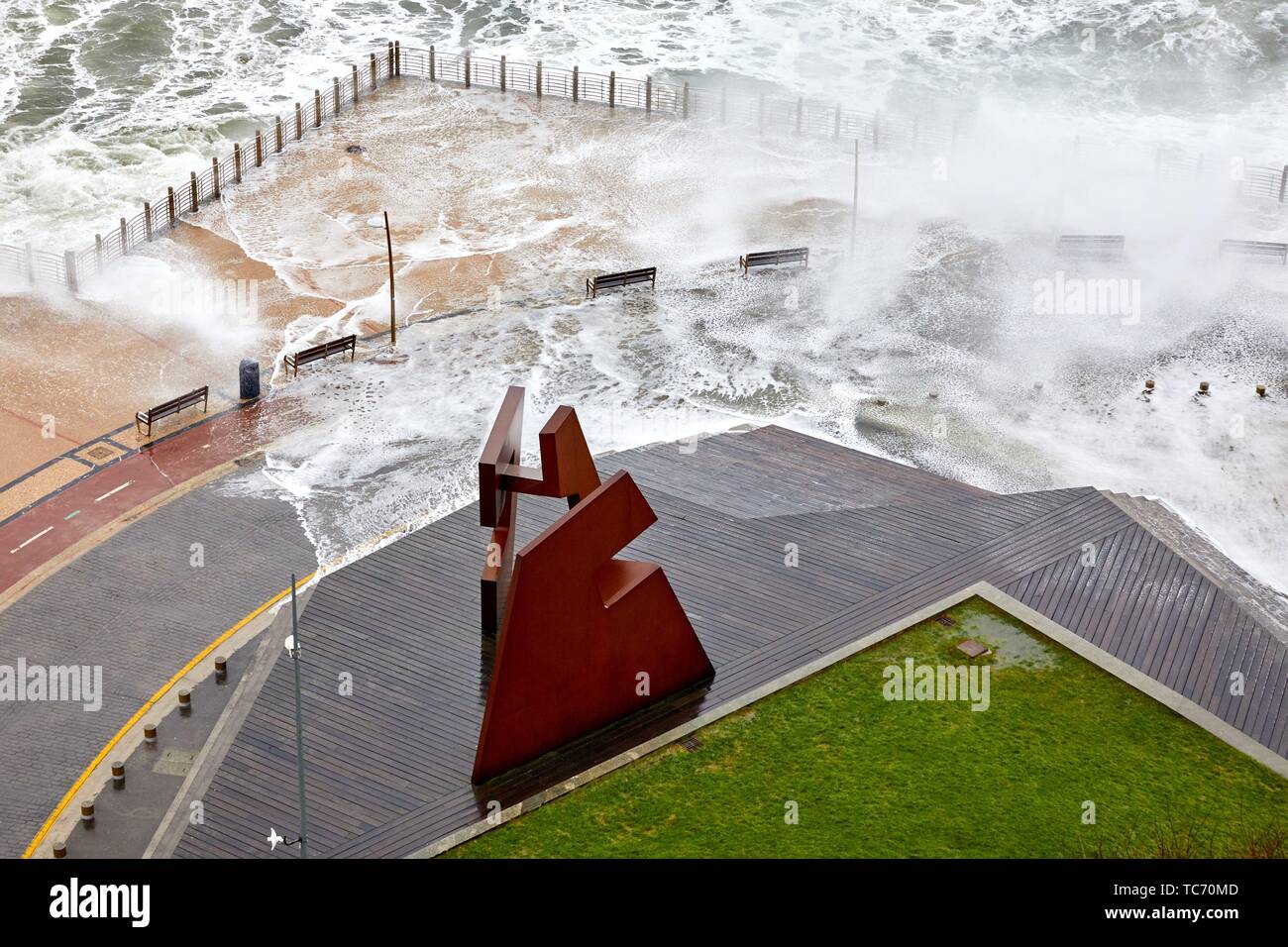 'Construcción Vacia' by Jorge Oteiza, Tempest in the Cantabrian Sea, Waves and Wind, Explosive Cyclogenesis, Paseo Nuevo, Donostia, San Sebastian, Stock Photo