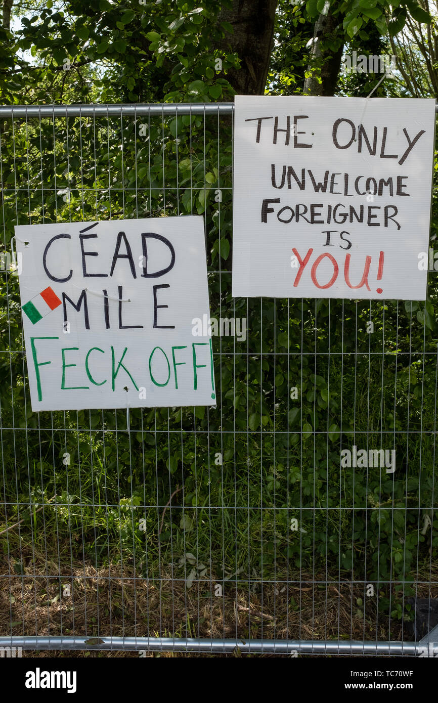 Shannon, Ireland, June. 5, 2019: Anti Trump signs attached to a fence at Shannon Airport, Ireland, today Stock Photo