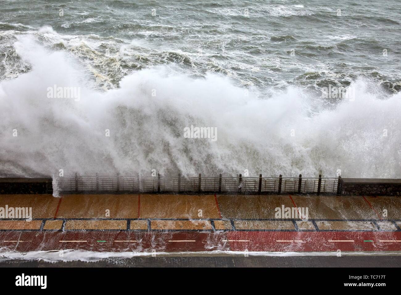 Tempest in the Cantabrian Sea, Waves and Wind, Explosive Cyclogenesis, Paseo Nuevo, Donostia, San Sebastian, Gipuzkoa, Basque Country, Spain Stock Photo