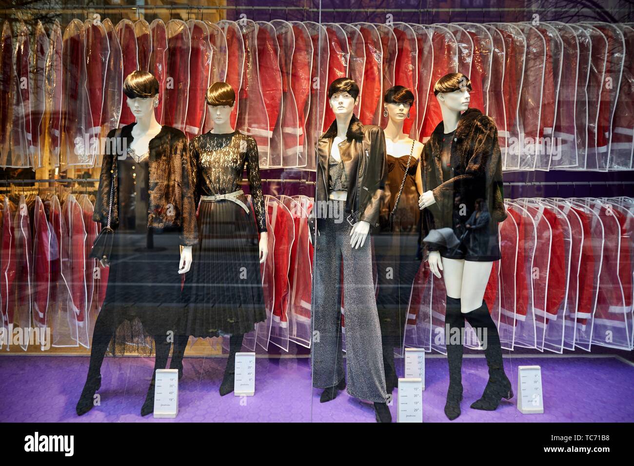 showcase of clothes, Donostia, San Sebastian, Gipuzkoa, Basque Country, Spain, Europe Stock Photo