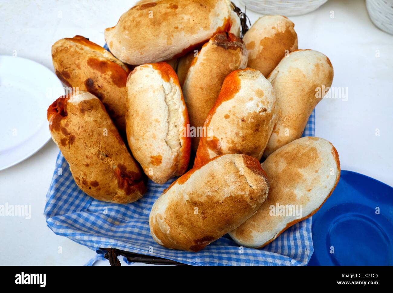 Breads stuffed with chorizo, folklore fair of Santo Tomas, Donostia, San Sebastian, Gipuzkoa, Basque Country, Spain, Europe Stock Photo