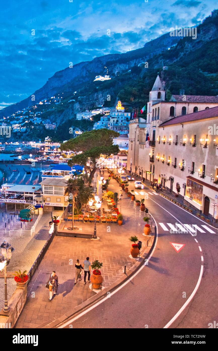 Amalfi town, Amalfi Coast, province of Salerno, Gulf of Salerno, Tyrrhenian Sea, Mediterranean Sea, Campania, Italy, Europe. Stock Photo