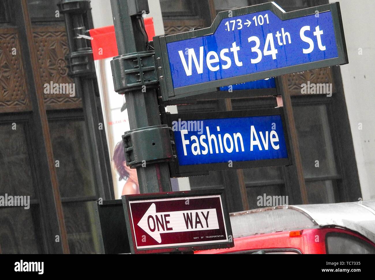New York, Street and Traffic indications are West34trs and Fashion Avenue also called 7th Avenue Stock Photo