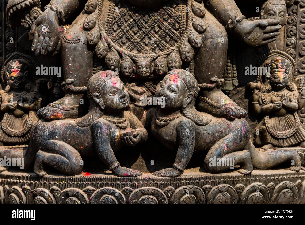 Stone carvings outside the National Art Gallery, Durbar Square, Bhaktapur, Kathmandu Valley, Nepal. Stock Photo