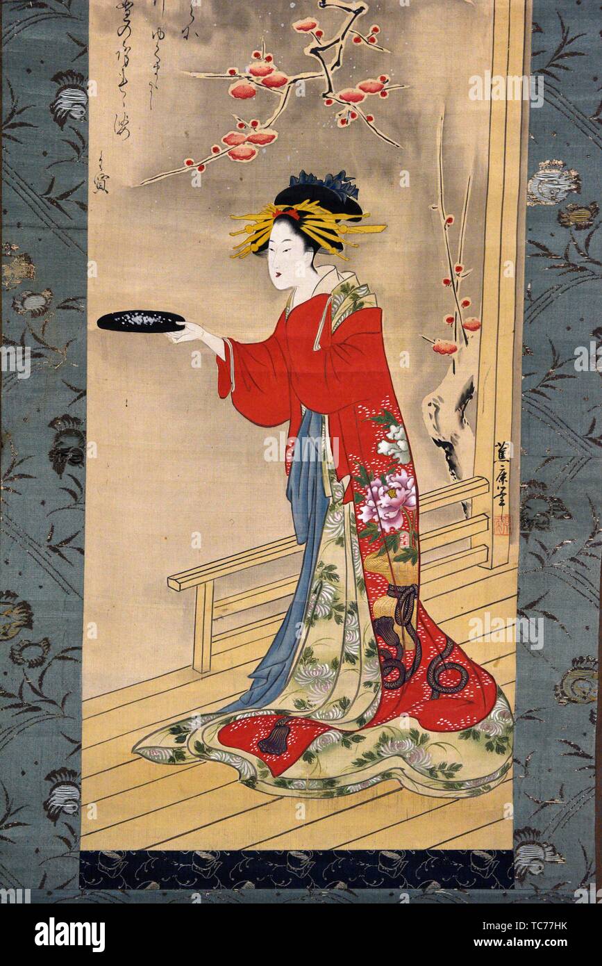 Beauty playing by Suimutei Shoroku (1797-1848), color on silk,Edo period, 19 th century,Tokyo National Museum,Tokyo,Honshu,Japan,Asia. Stock Photo