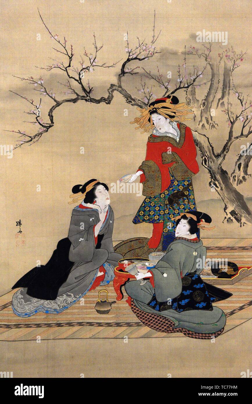 Allusion to the three heroes in the Peach garden,by Teisai Hokuba (1771-1844), color on silk, Edo period,19 th century,Tokyo National Stock Photo