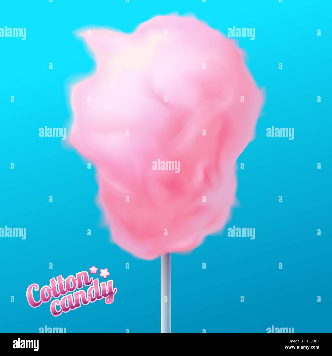 Pink cotton candy on stick, sugar cloud, tasty dessert, poster with text, isolated on blue background vector illustration. Stock Vector