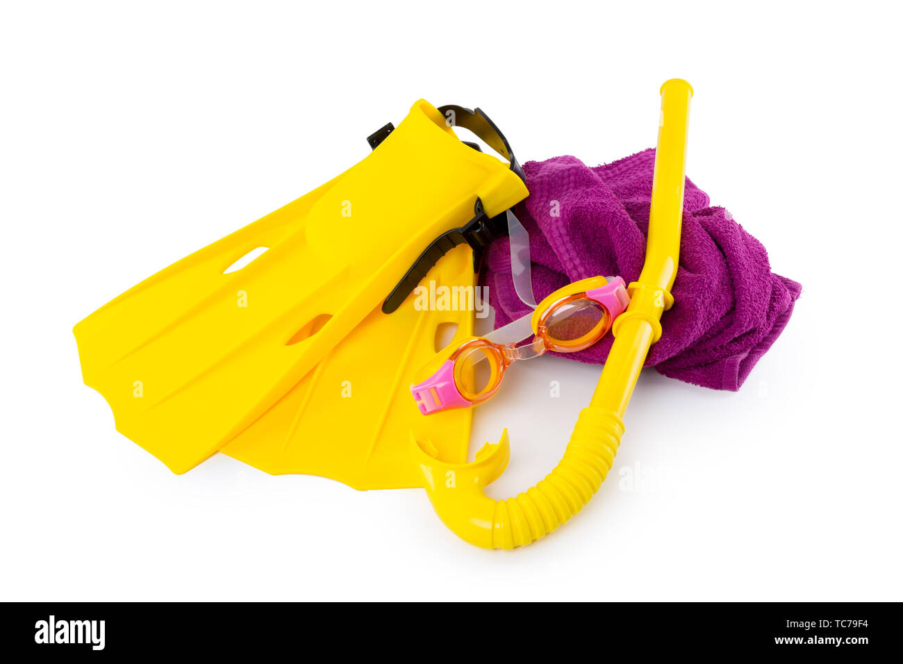 Diving equipment goggles,snorkel and flippers on white background Stock ...