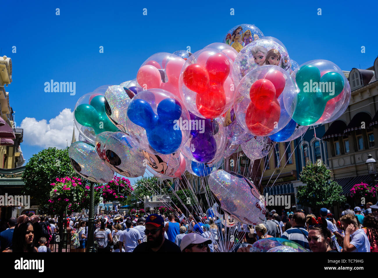 Cluster of colourful balloons for sale in resort park in Orlando