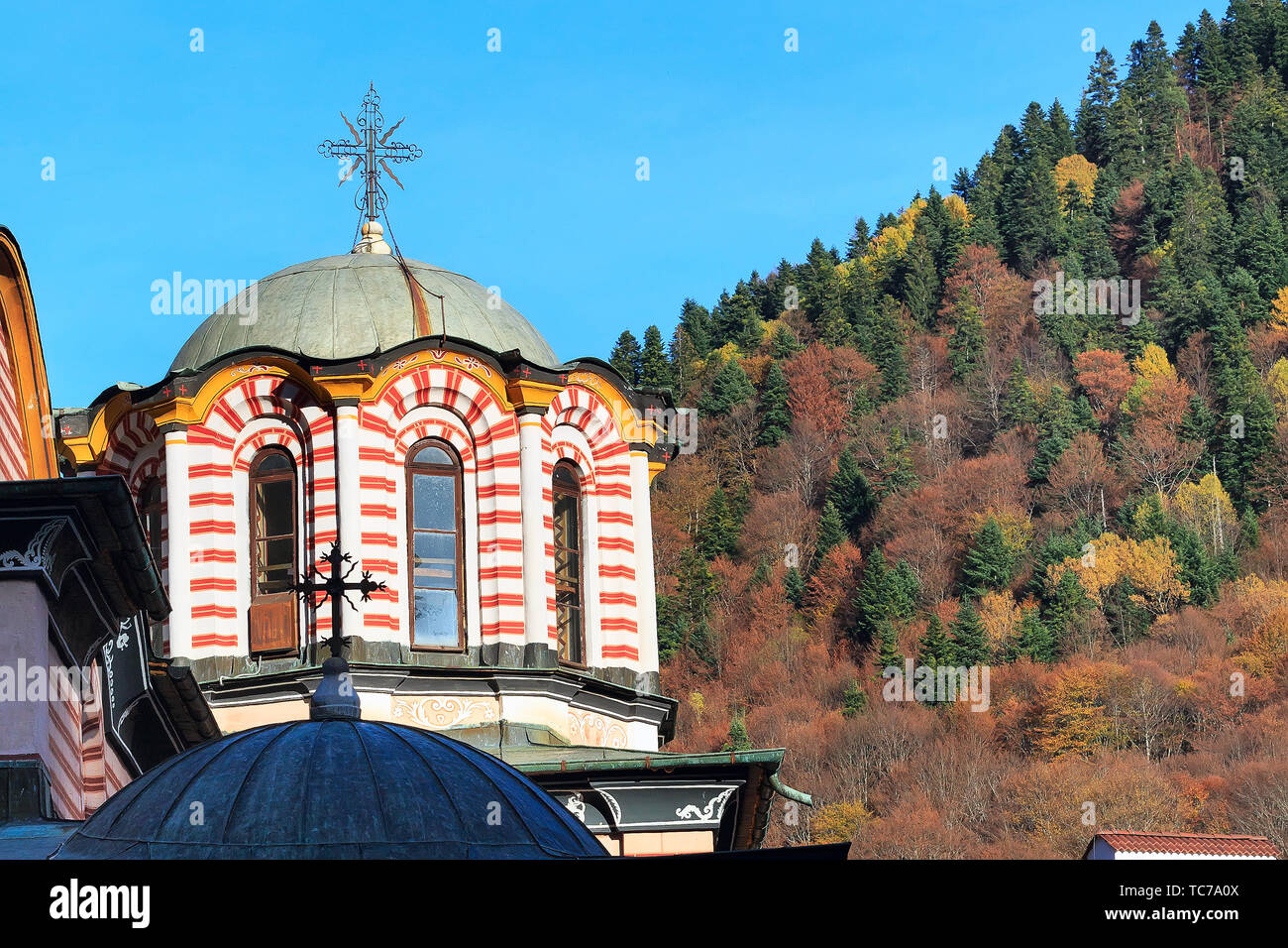 Rila monastery, Bulgaria church dome and cross close-up and autumn ...