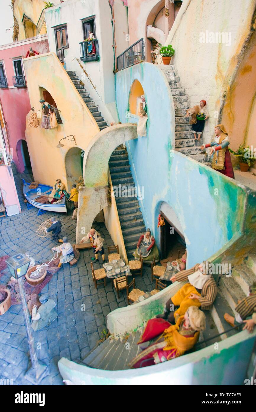 Reproduction of fishing village with figures of everyday life in Santa Margherita Nuova Church, Procida, Phlegraean Islands, Gulf of Naples, Bay of Stock Photo