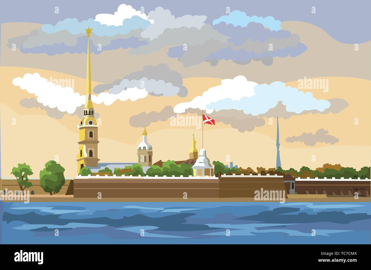 Cityscape of The Peter and Paul Fortress in Saint Petersburg, Russia and embankment of river. Colorful vector  illustration. Stock Vector