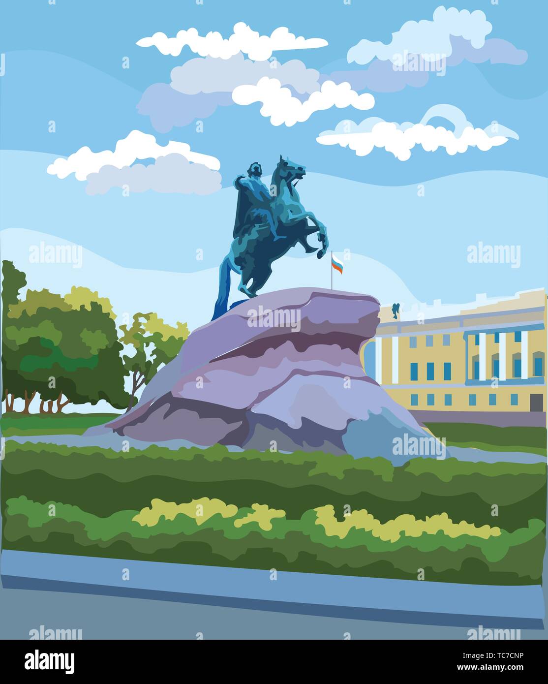 Cityscape of  Monument of Russian emperor Peter the Great on Senate square, Saint Petersburg, Russia. View on bronze horseman monument and Senate. Col Stock Vector