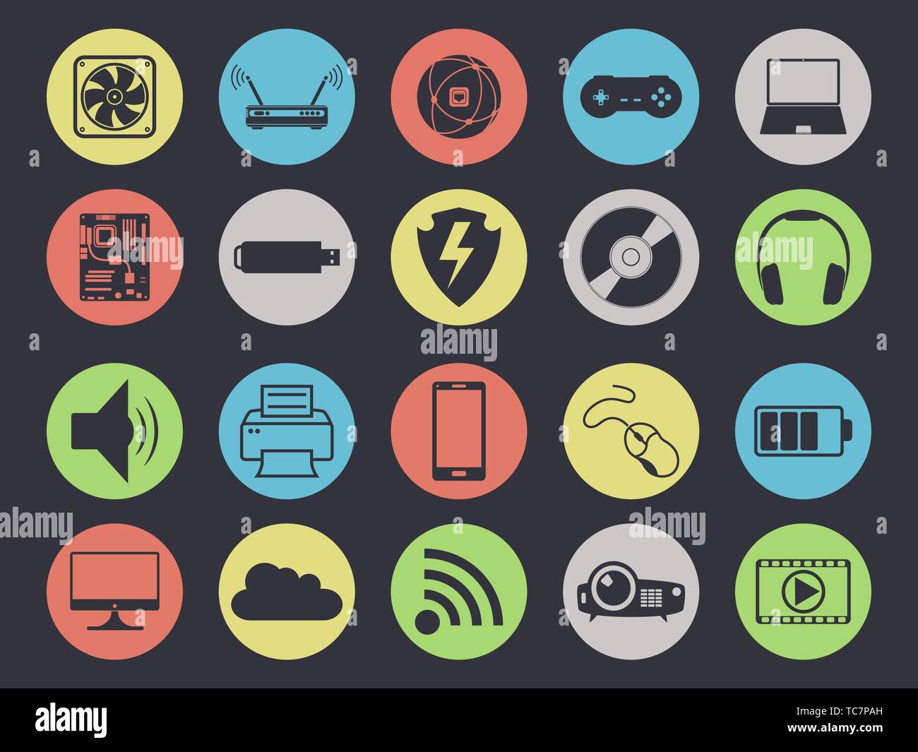 Multimedia icons set isolated on black background Stock Vector
