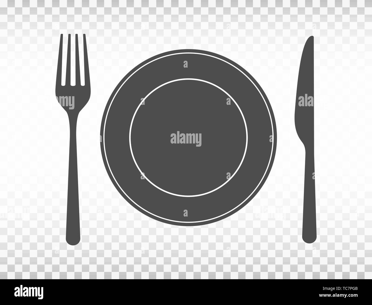 Plate with fork and knife on transparent background. Lunch concept in
