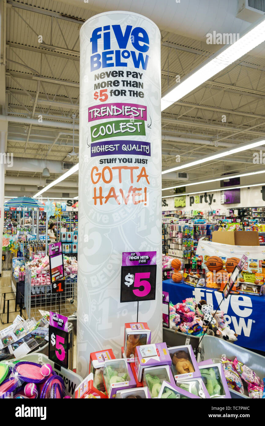 Miami Florida,Five Below,discount variety store,inside interior,shopping shopper shoppers shop shops market markets marketplace buying selling,retail Stock Photo