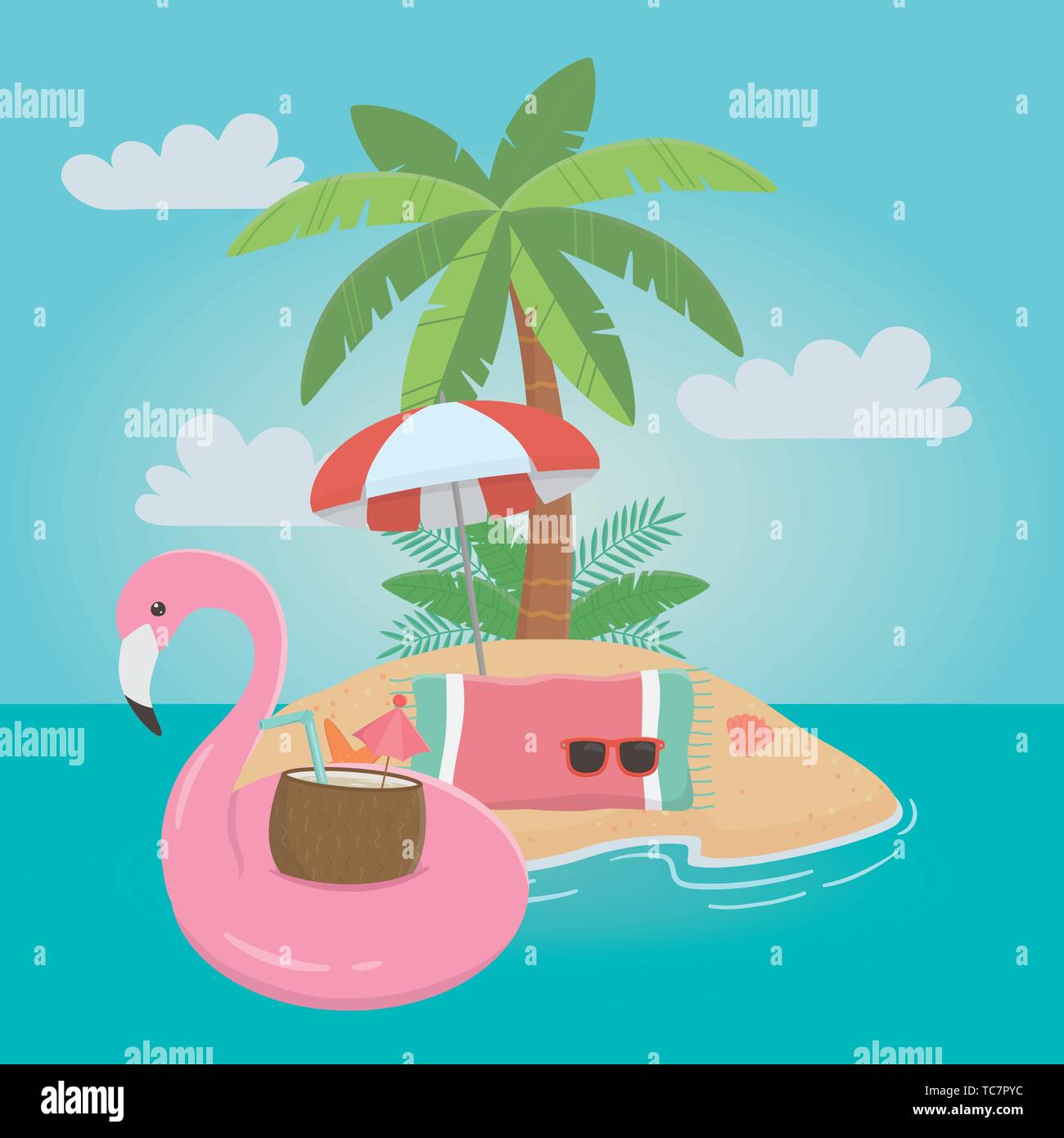 Flamingo float and summer icon set design, Vacation beach tropical ...