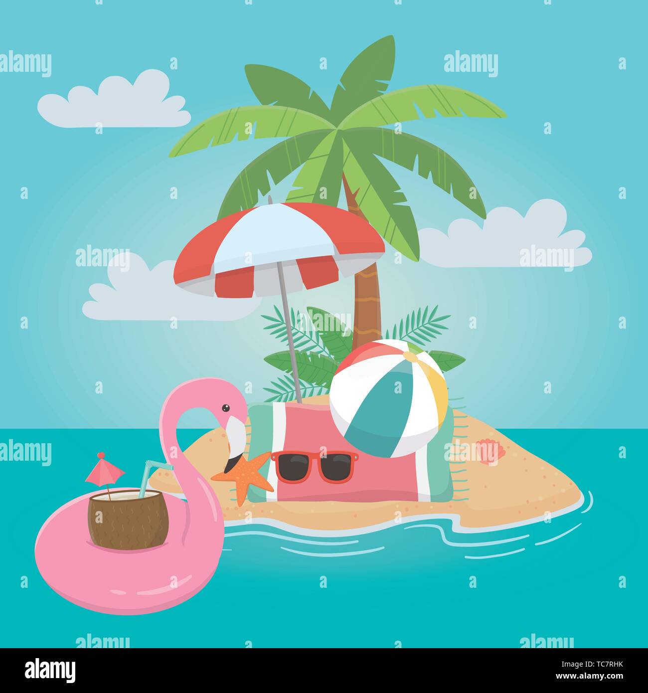 Flamingo float and summer icon set design, Vacation beach tropical ...