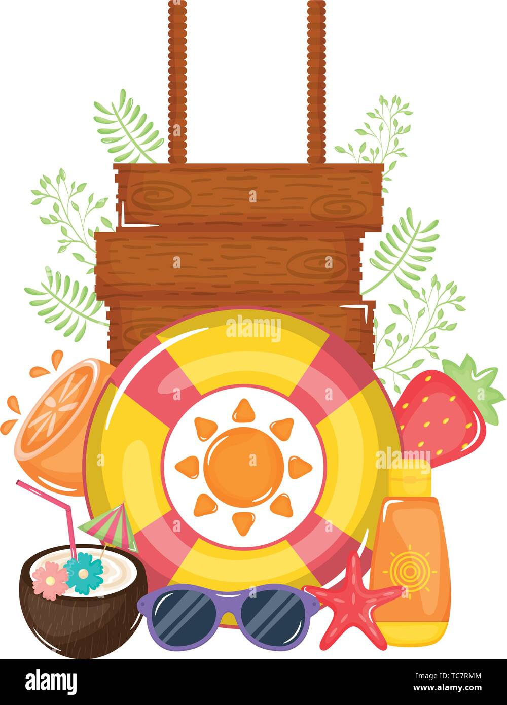 tropical coconut cocktail with float and icons vector illustration ...