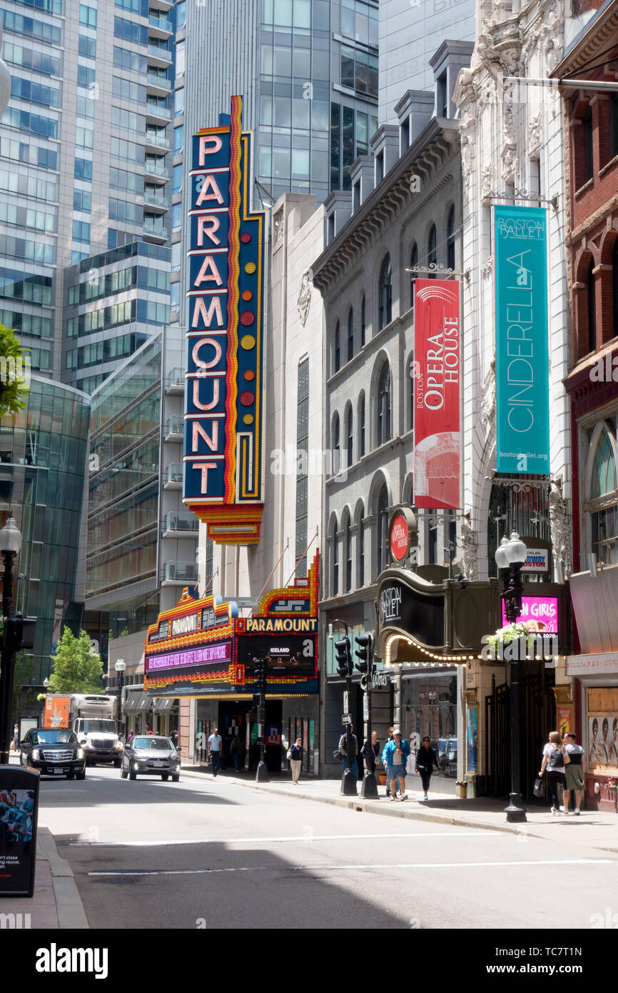 Emerson College Paramount Theater and the Boston Opera House on Washington Street in Boston Theater District Stock Photo