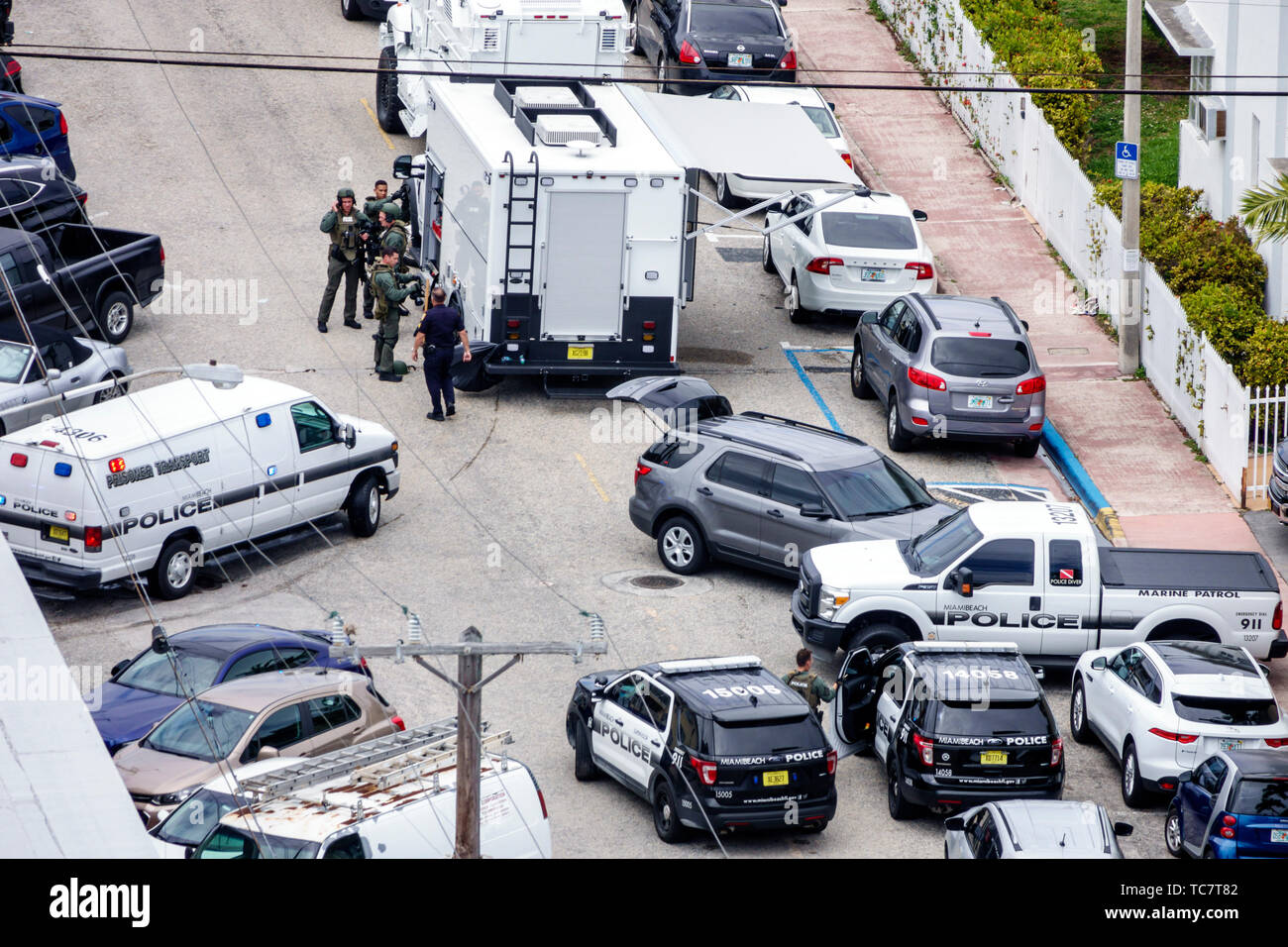 Miami Beach Florida,North Beach,police policeman policemen SWAT team,vehicles cars,FL190331138 Stock Photo