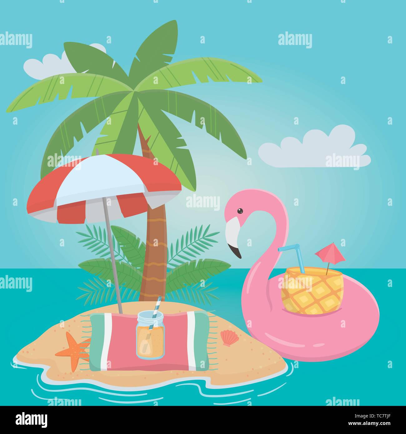 Flamingo float and summer icon set design, Vacation beach tropical ...