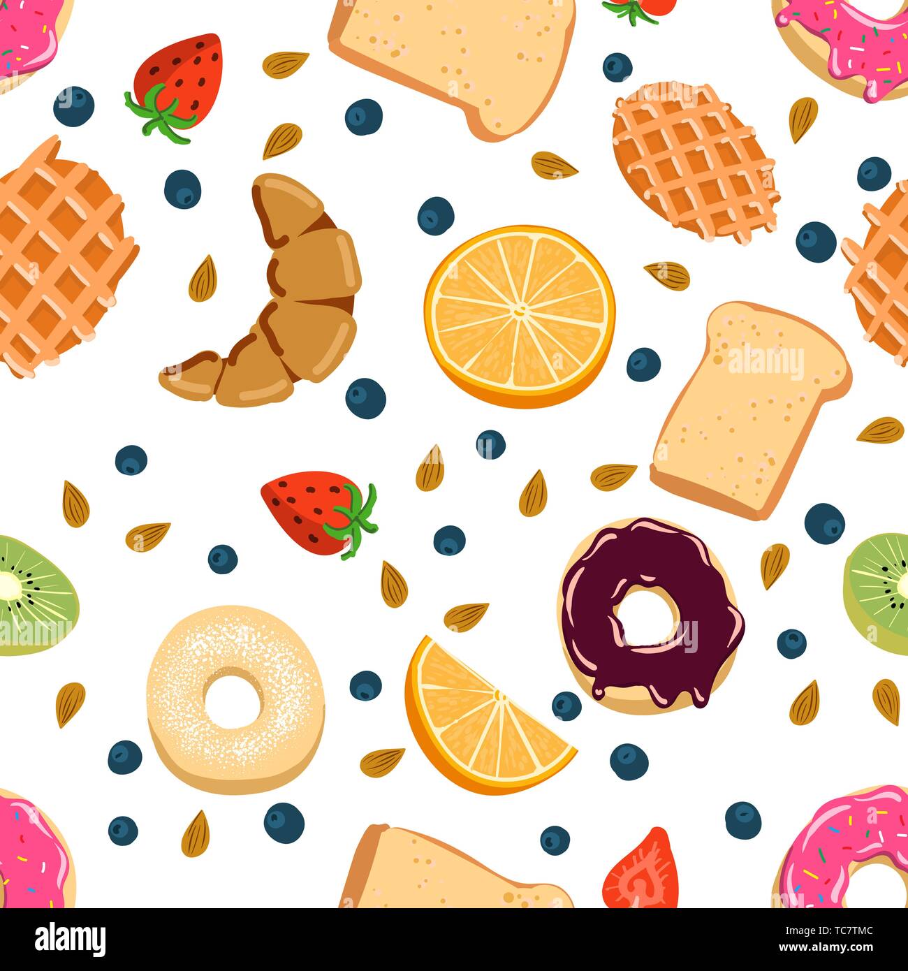 Seamless vector pattern with kawaii breakfast things on white background perfect for wrapping paper backgrounds etc. Stock Vector