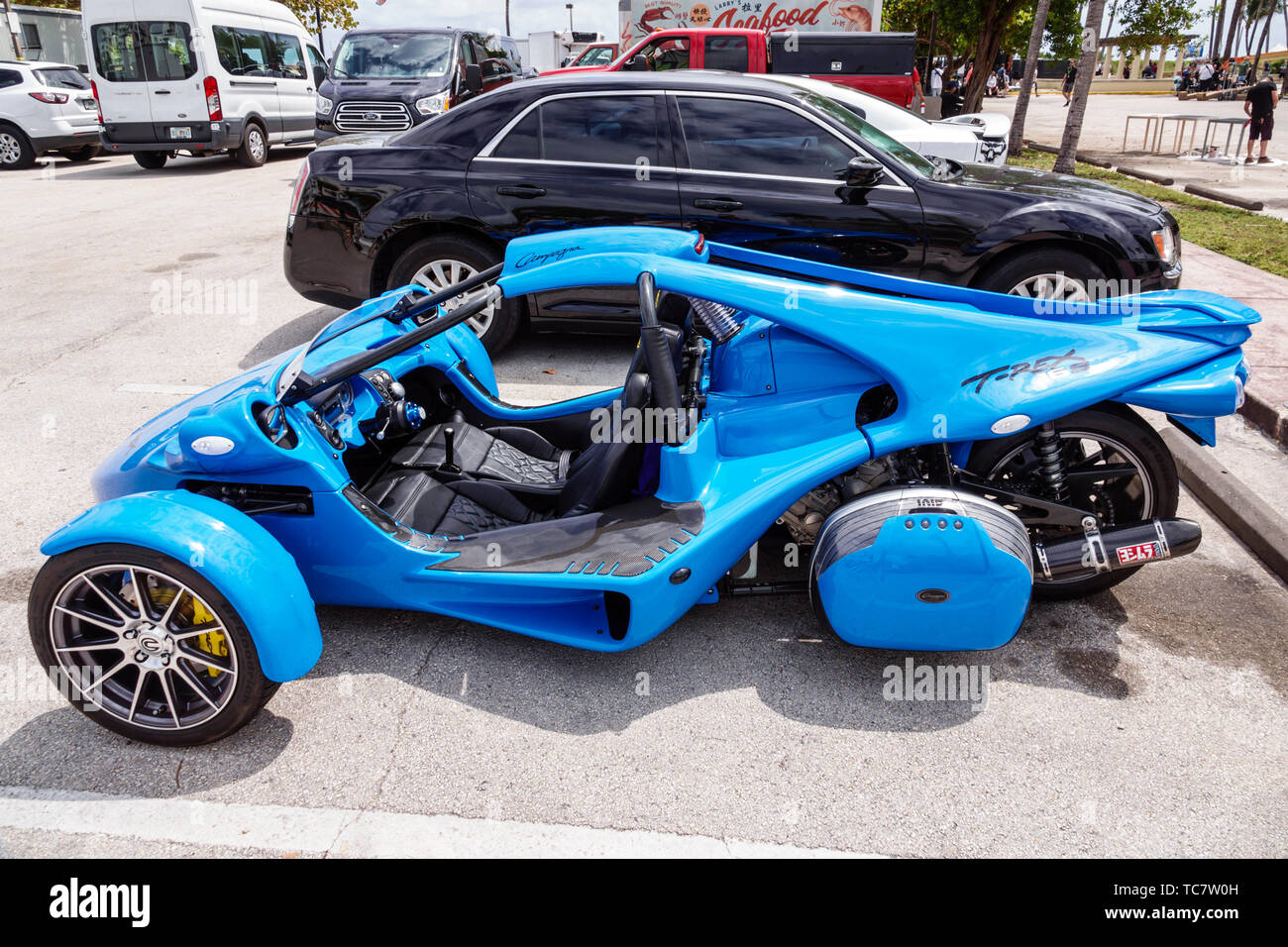 Florida Miami Beach Campagna T Rex Two Seat Three Wheeled Motor Vehicle Made In Quebec Sightseeing Visitors Travel Traveling Tour Tourist Tourism Stock Photo Alamy
