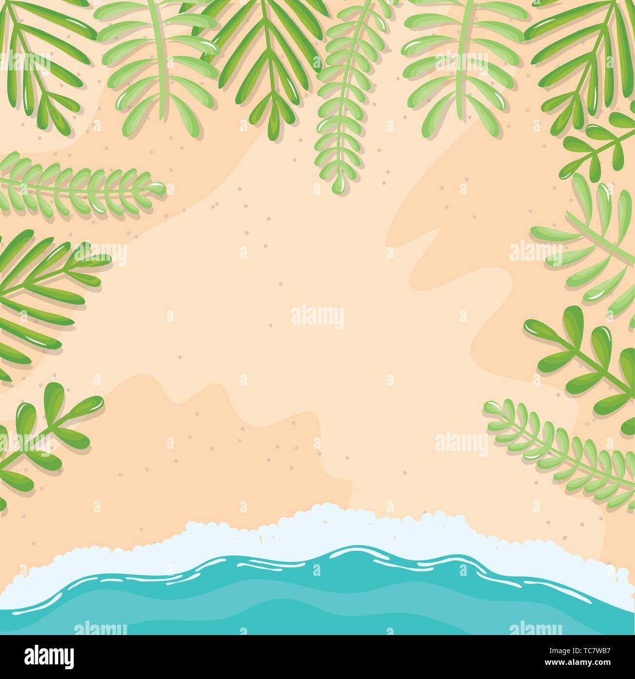beach seascape with leafs frame summer scene vector illustration design Stock Vector
