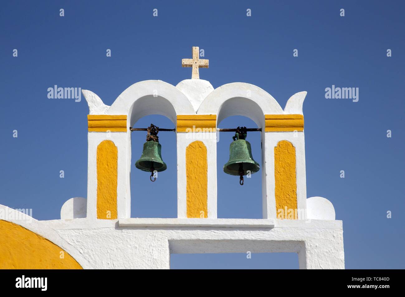 Bell tower of a church in Oia, Santorin, Greece, Europe. Stock Photo