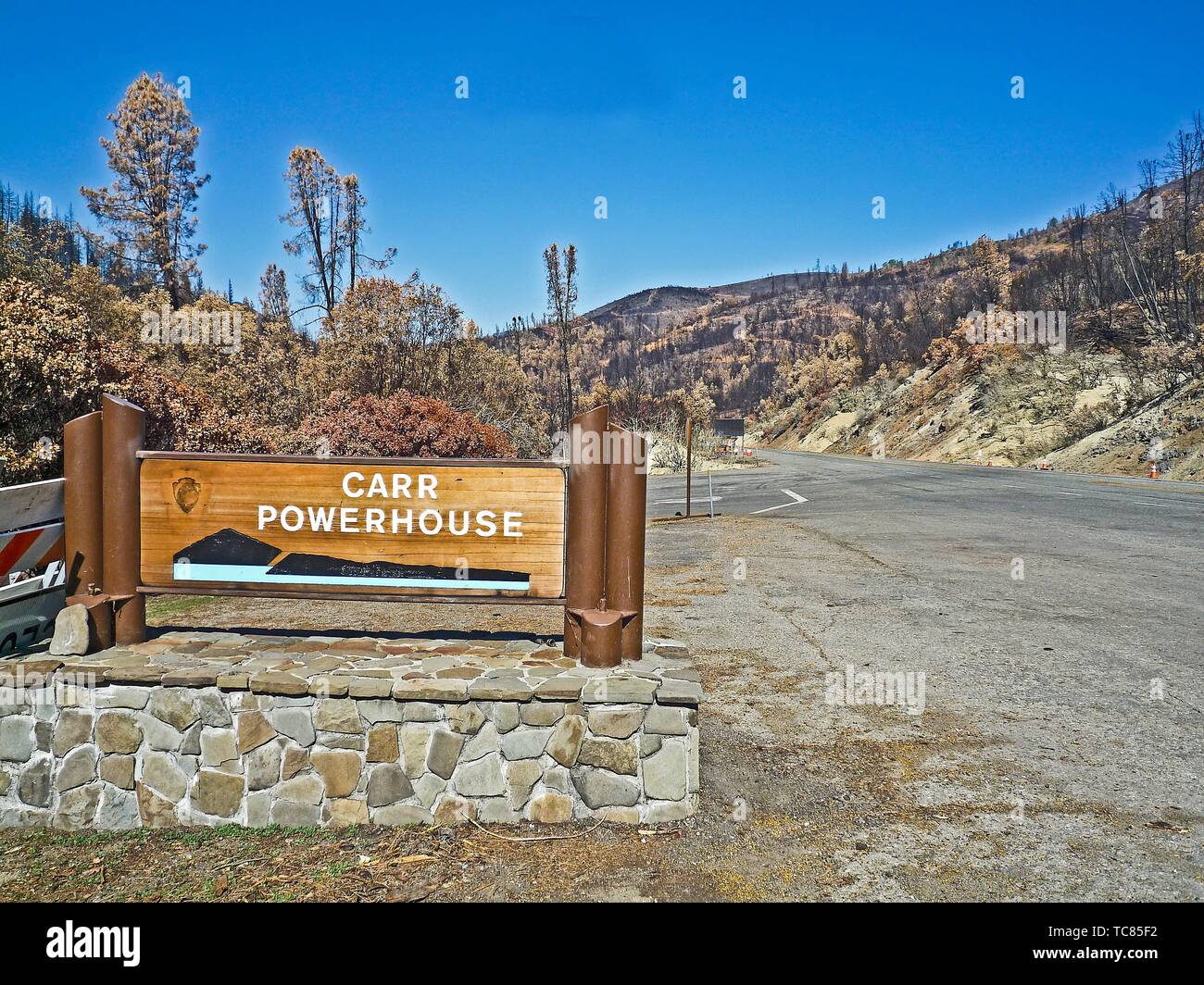 Carr Powerhouse sign near the origin of the Carr Fire in northern California in 2018. The fire was started in July 2018 by a disabled vehicle near Stock Photo