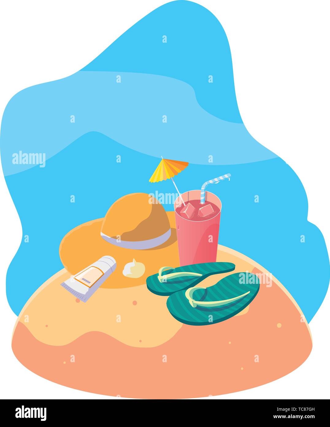 summer sand beach with cocktail and icons scene vector illustration ...
