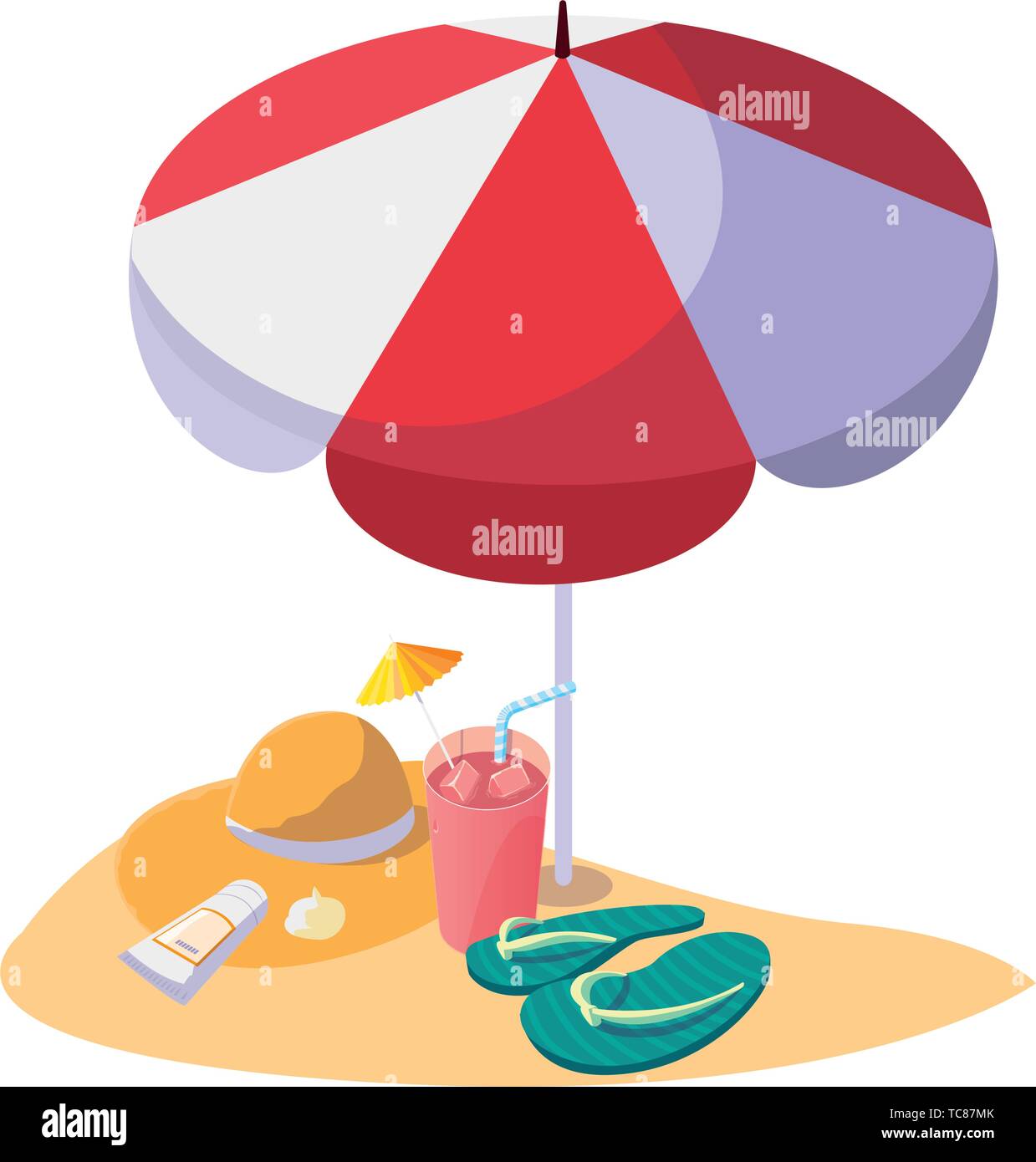 summer sand beach with umbrella and flip flops vector illustration ...