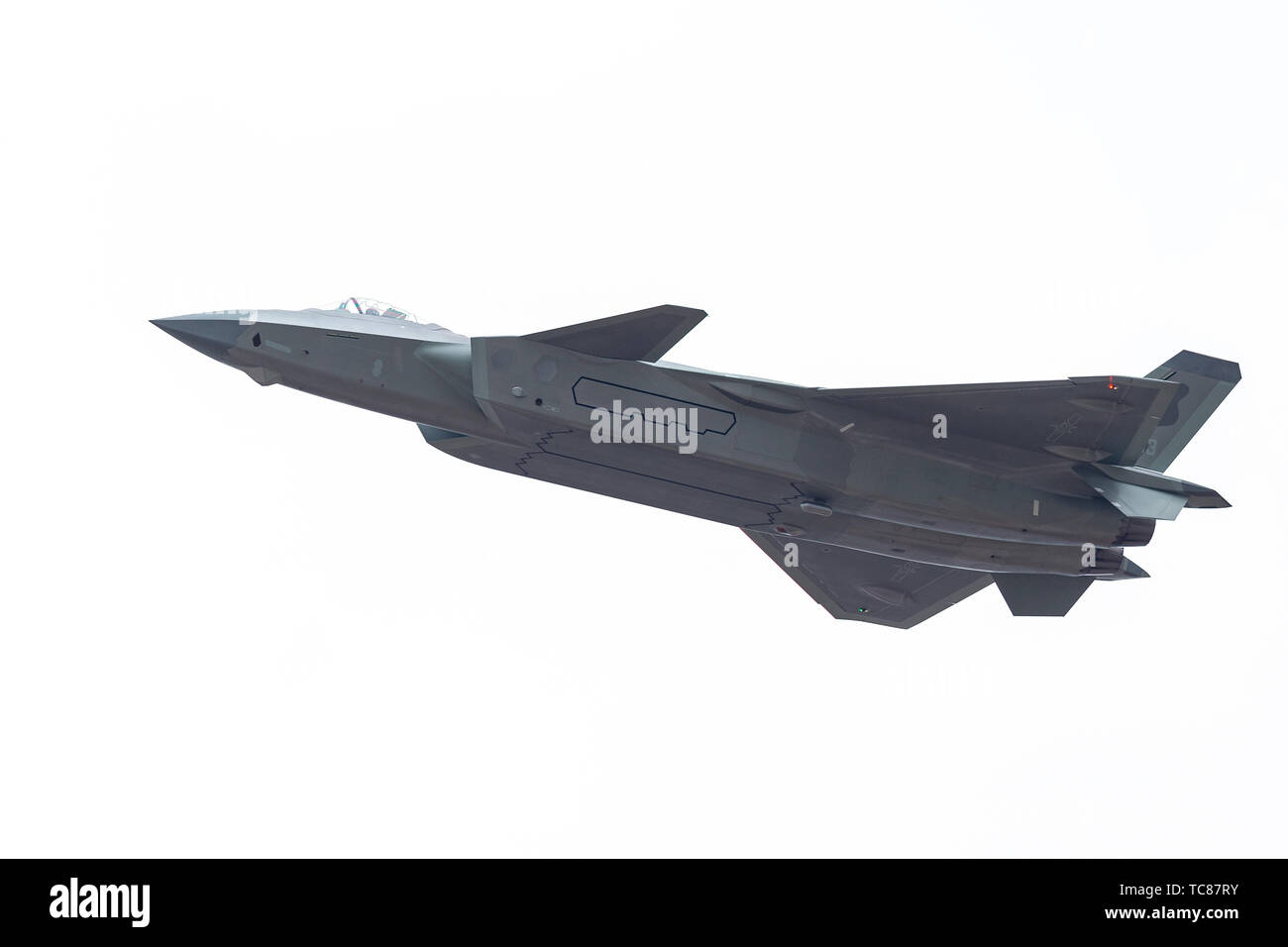 The two-aircraft formation of a new generation of fighter jets J-20 independently developed in China performs a flight performance in Zhuhai, Guangdong, November 10, 2018. Stock Photo