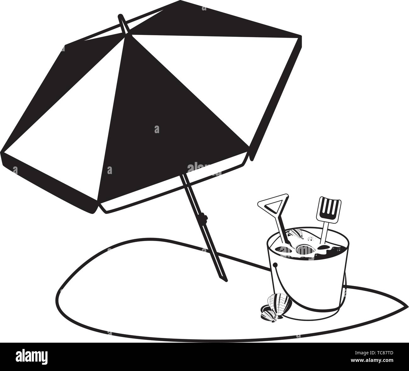 summer beach with umbrella and sand bucket toys vector illustration ...