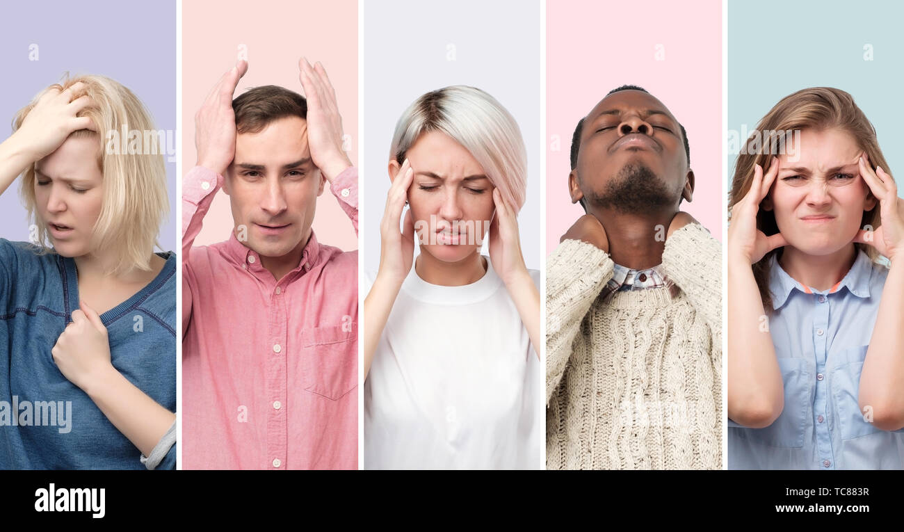 Collage of young men and women suffering from severe headache Stock Photo
