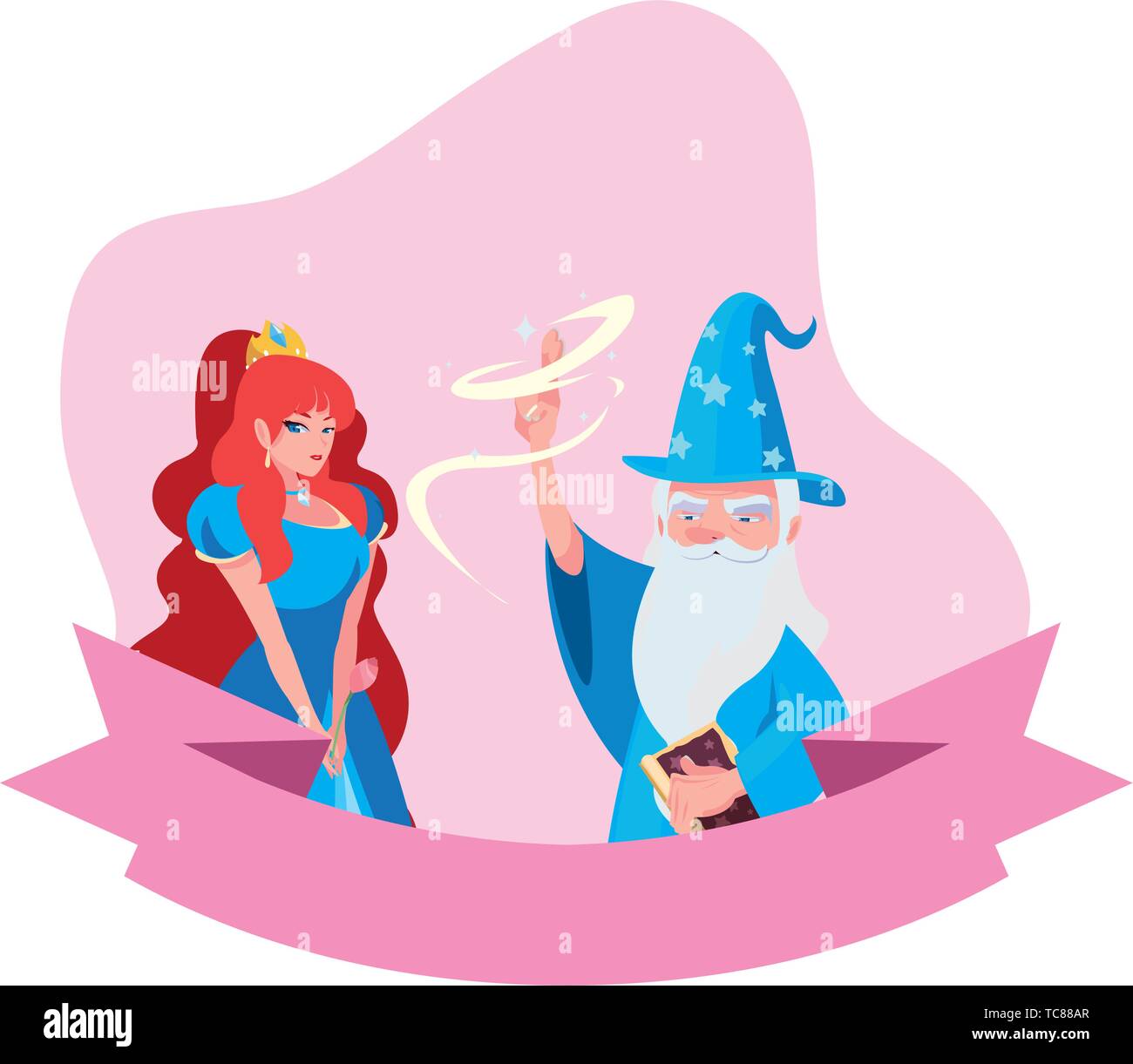 beautiful princess with wizard of tales characters vector illustration