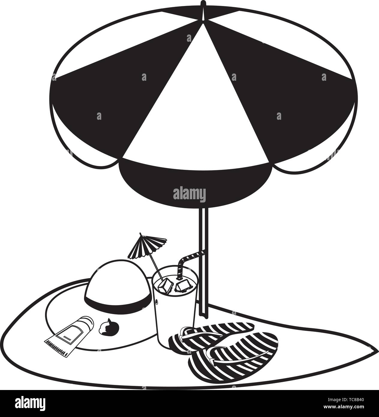 summer sand beach with umbrella and flip flops vector illustration ...
