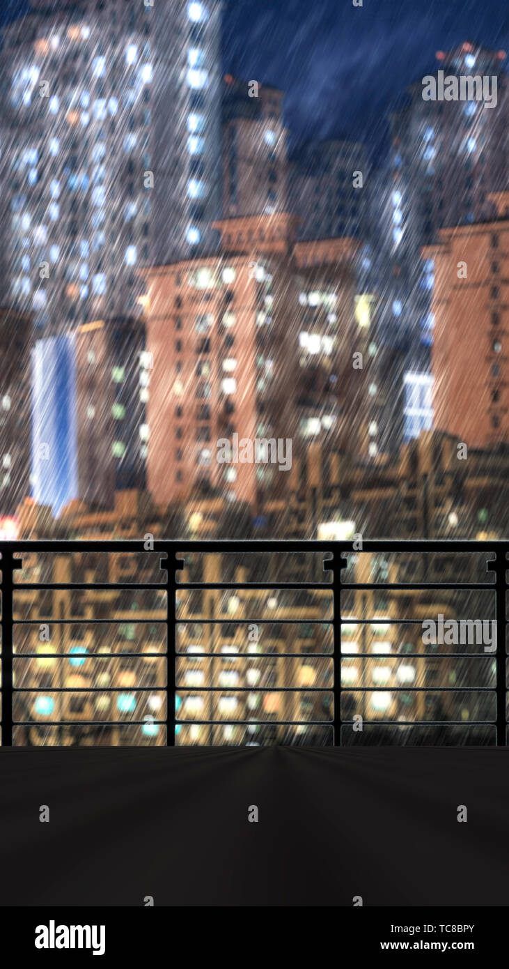 Dream romantic city night in the rain building balcony railing unimaginary  background Stock Photo - Alamy