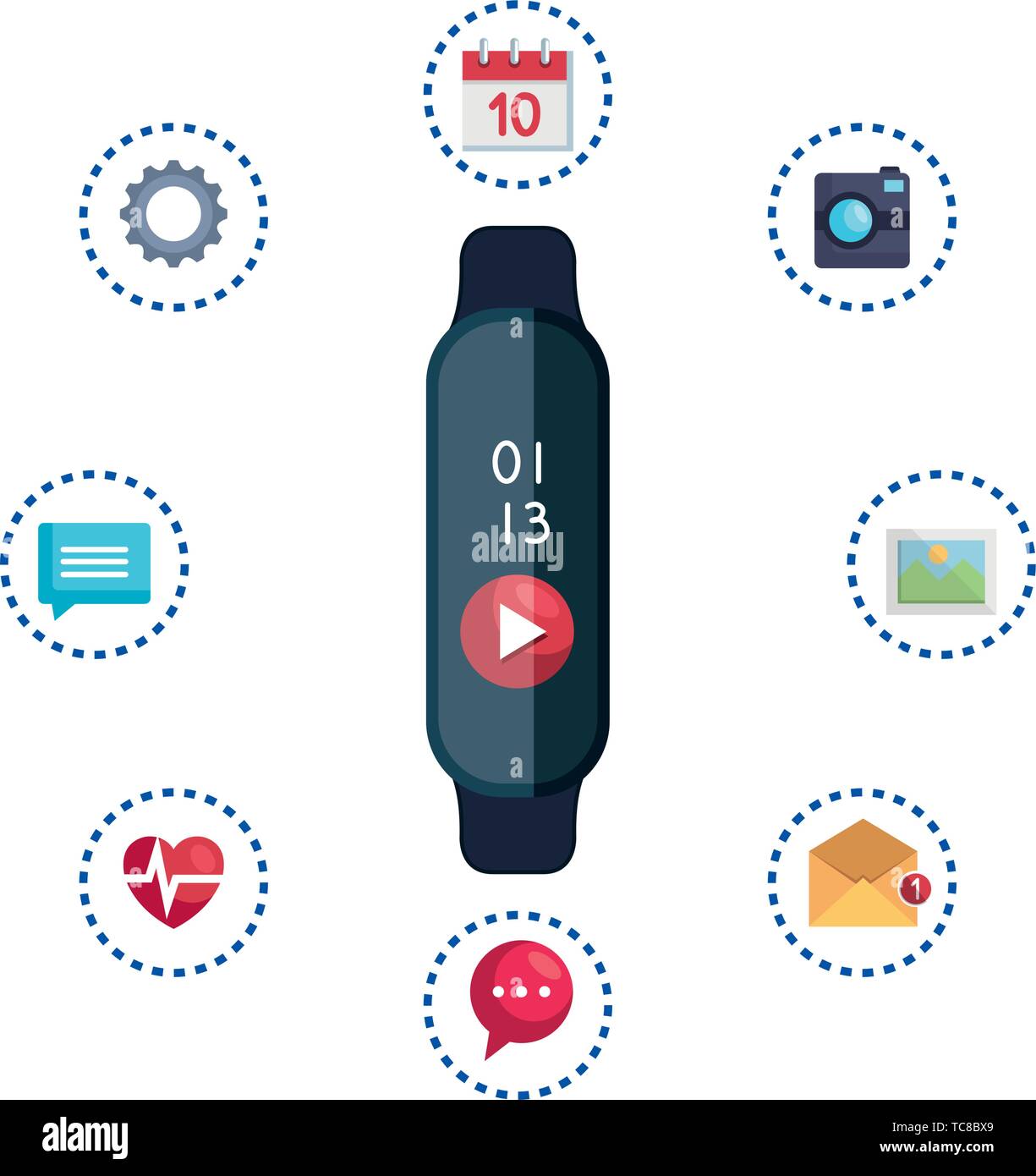 smartwatch with media player button and applications set Stock Vector