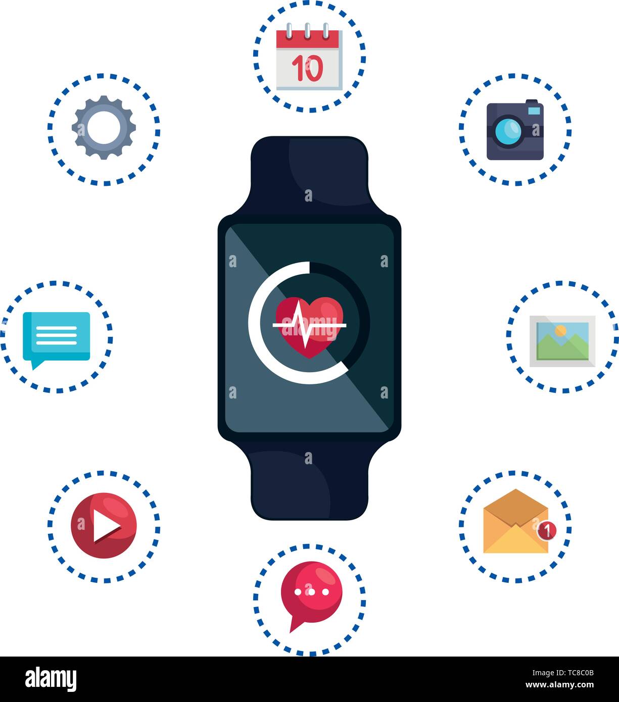 smartwatch with cardiology and set applications Stock Vector