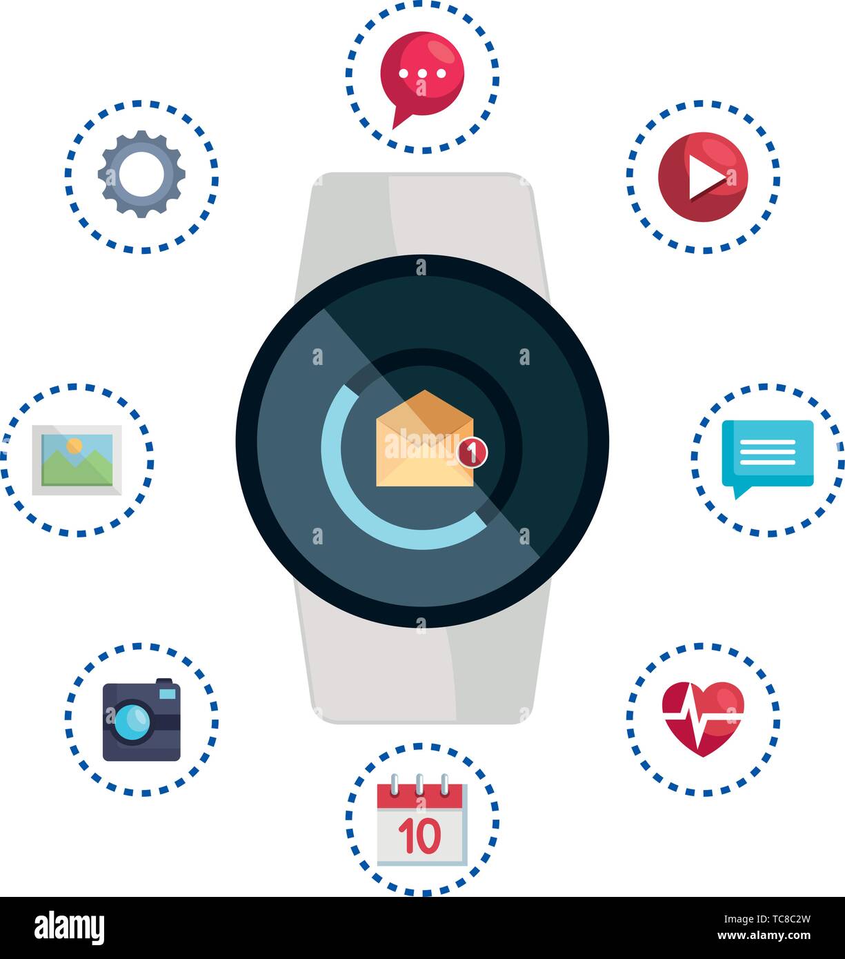 smartwatch with envelope email with applications Stock Vector
