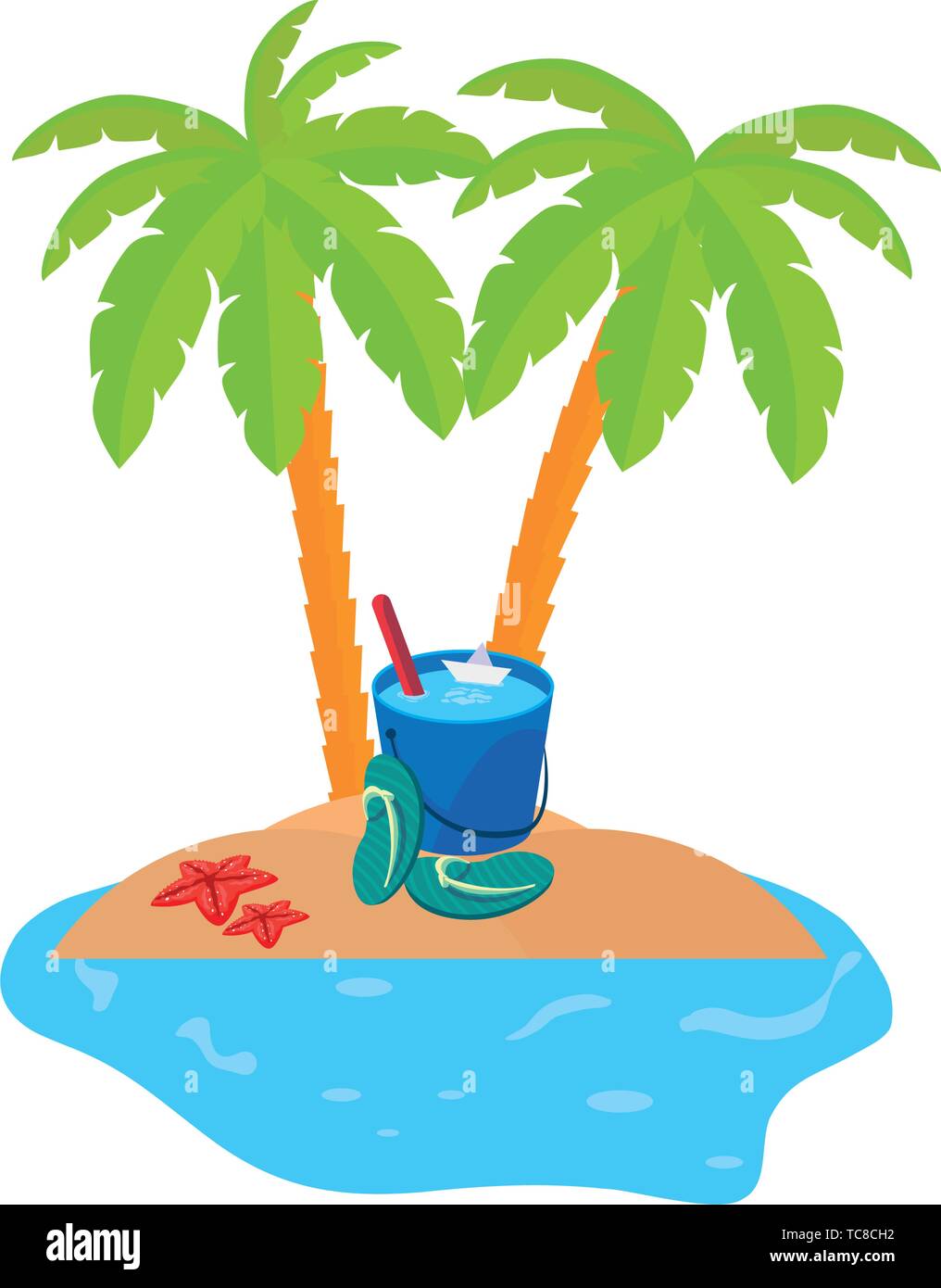 summer coastline scene with palms and water bucket vector illustration ...