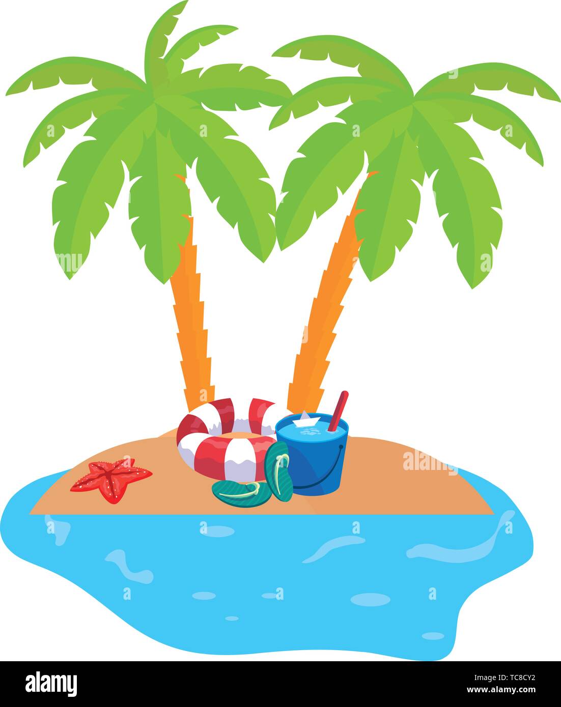 summer coastline scene with palms and float vector illustration design ...