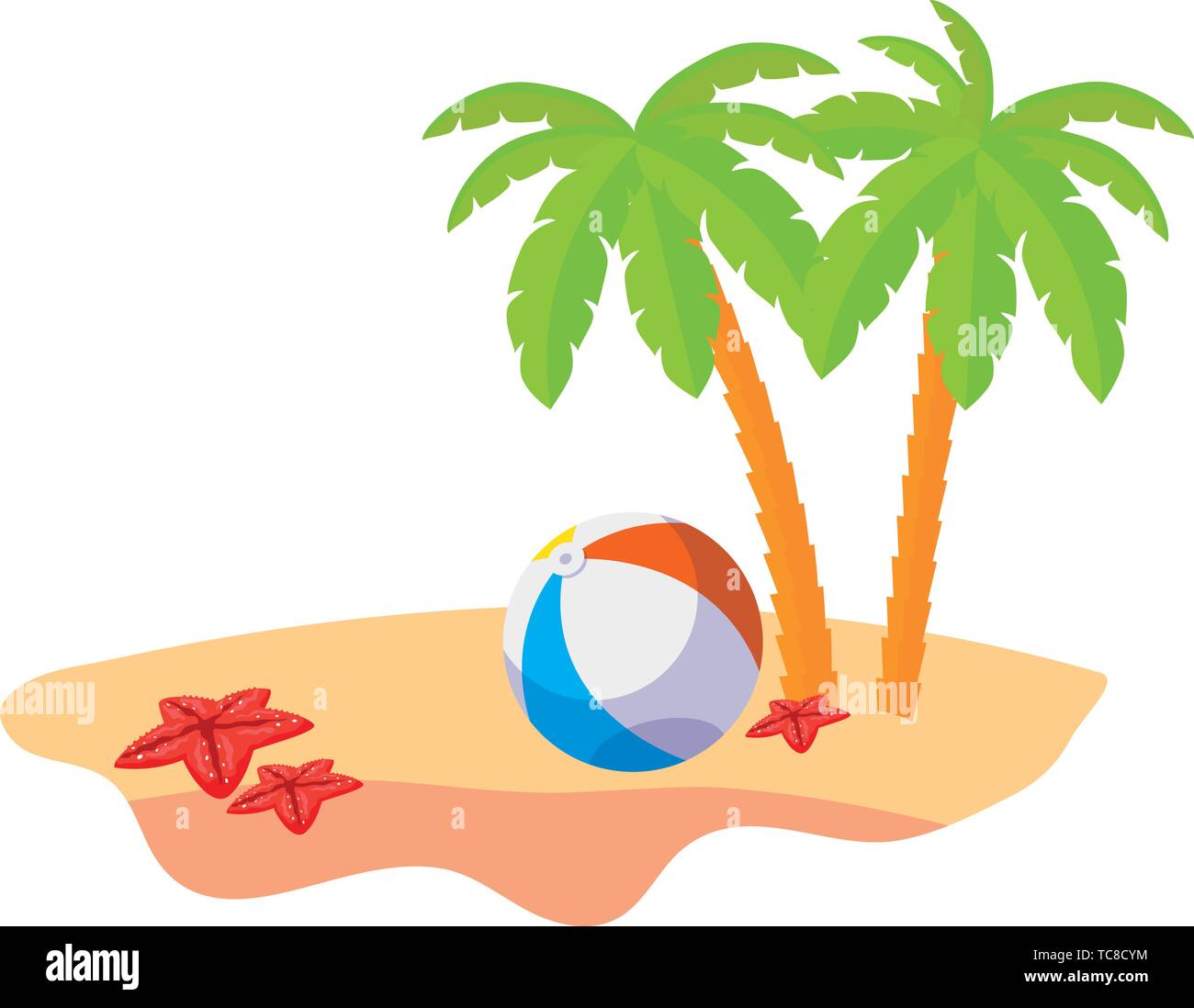 summer beach scene with tree palms and balloon toy vector illustration ...
