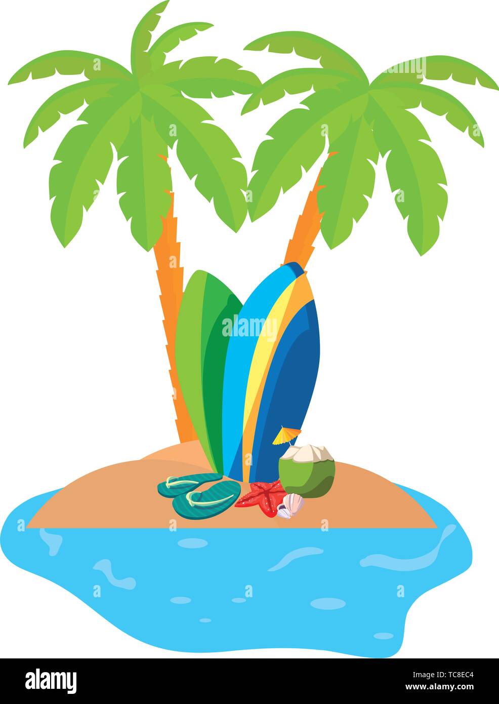 summer coastline scene with palms and surfboards vector illustration ...