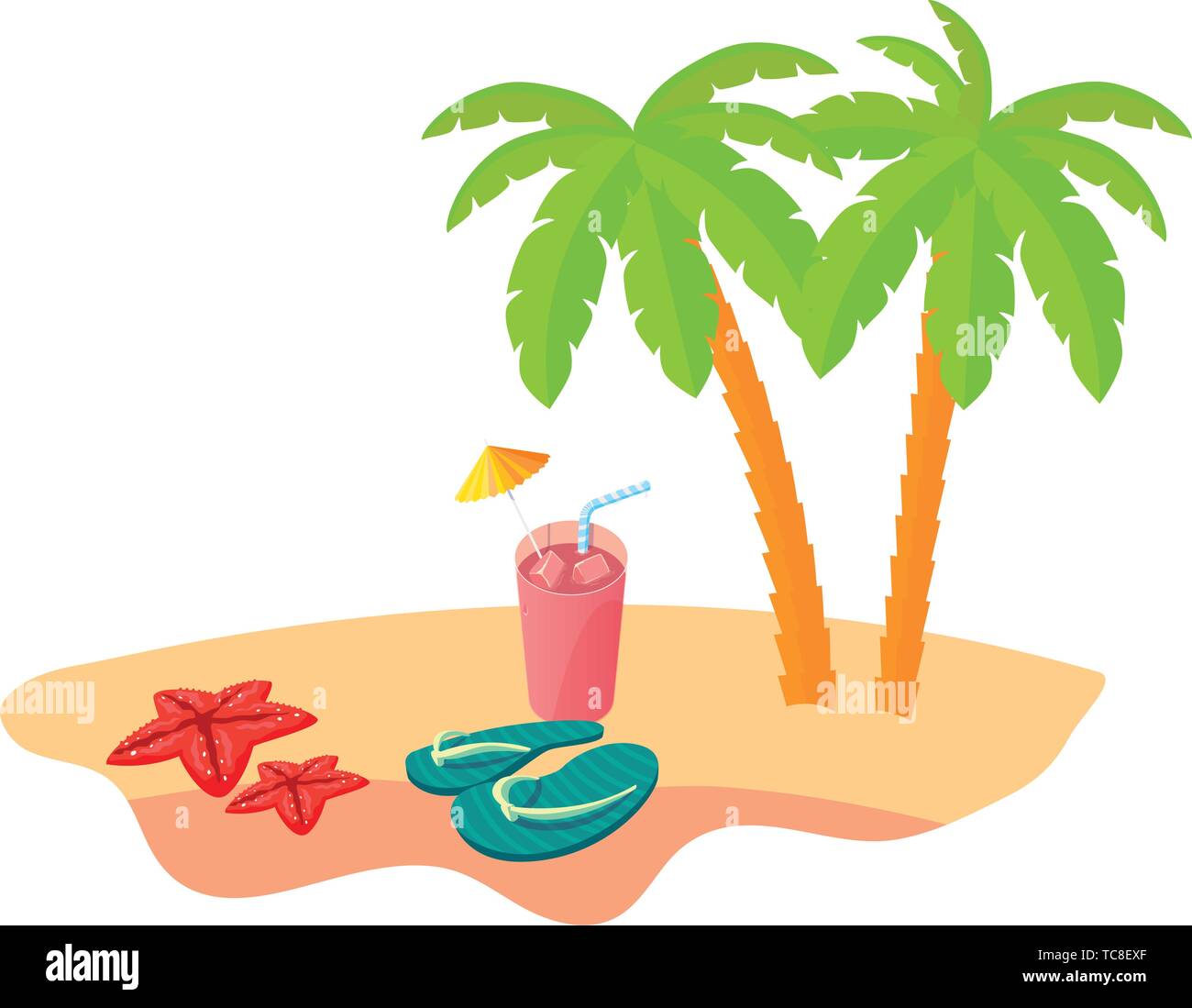 summer beach scene with tree palms and flip flops vector illustration ...