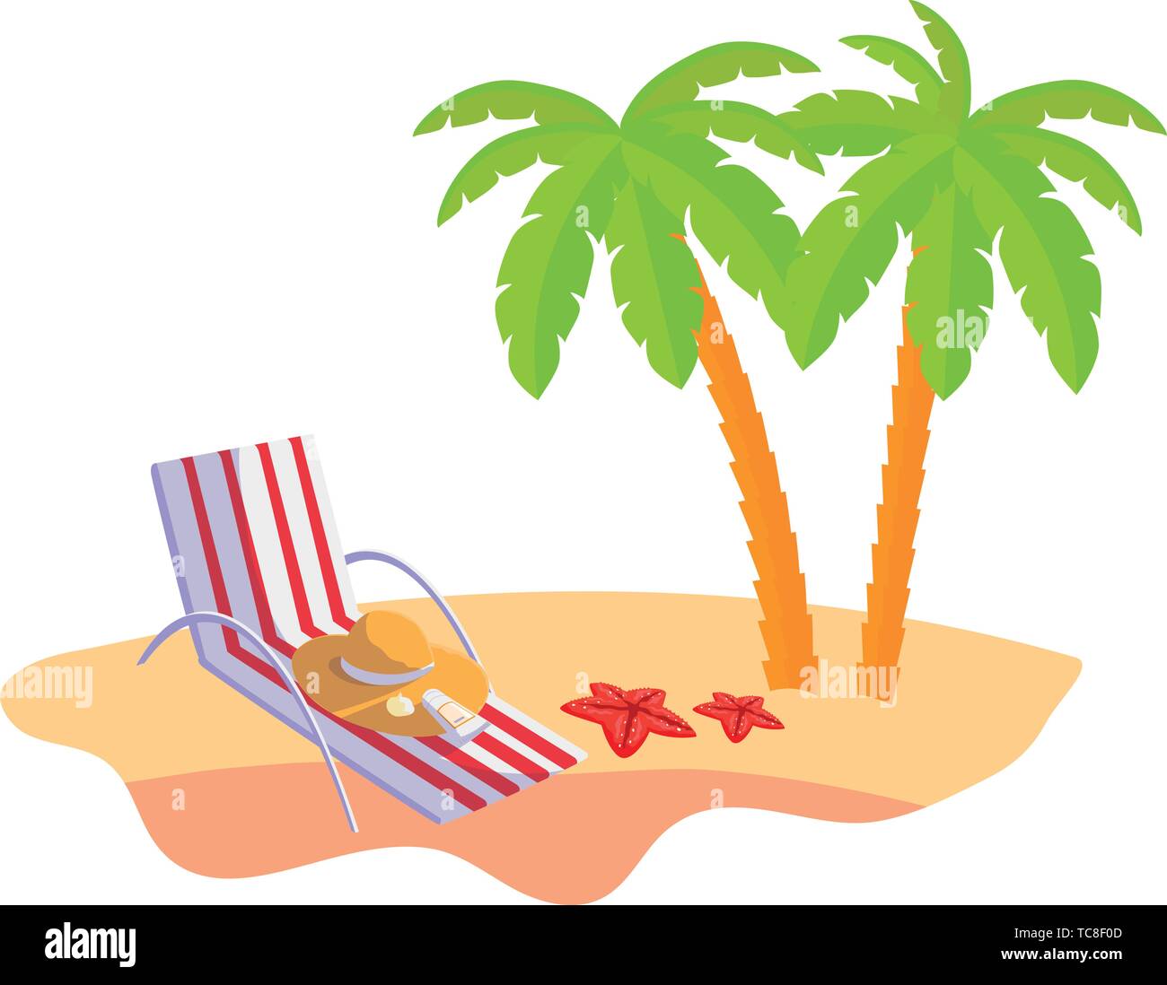 summer beach scene with tree palms and chair vector illustration design Stock Vector
