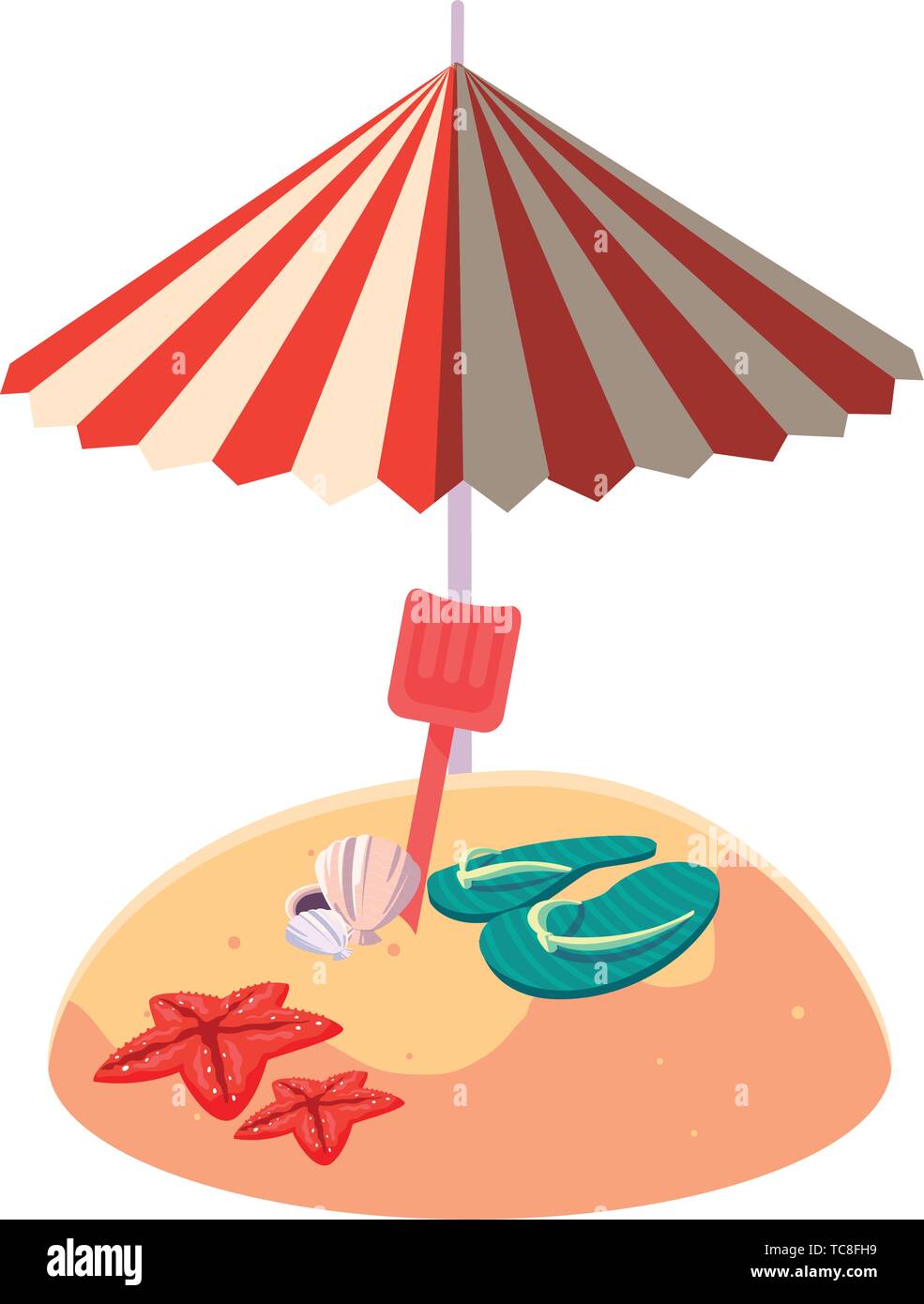 summer sand beach with umbrella and flip flops vector illustration ...