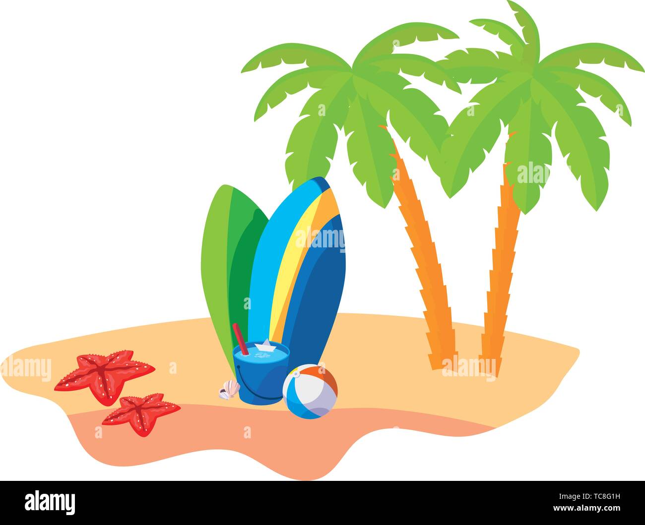 summer beach scene with tree palms and surfboards vector illustration ...